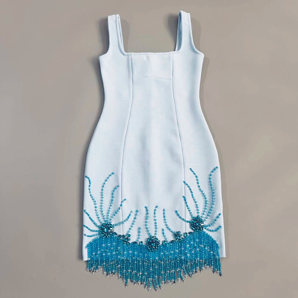 Women Sleeveless Bandage Dress Beading Tassel