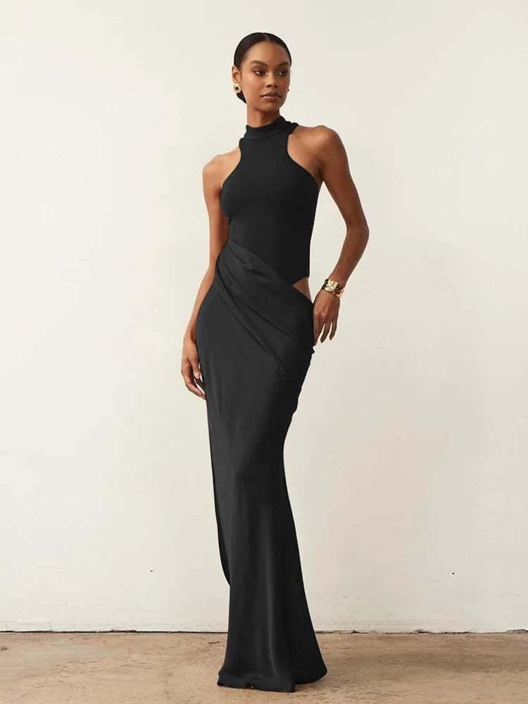Julissa Mo Satin Sexy Hollow Out Maxi Black
