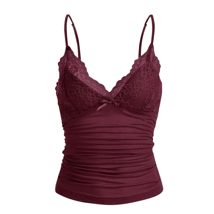 European American style Y2K lace V-neck bow solid color suspender spicy girl sexy low cut vest  slim fit short top traffic 2025