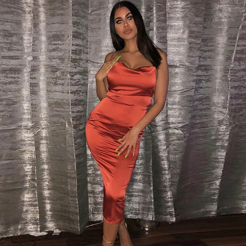 Elegant Satin Lace Midi Gown Exclusive Slim Sheath