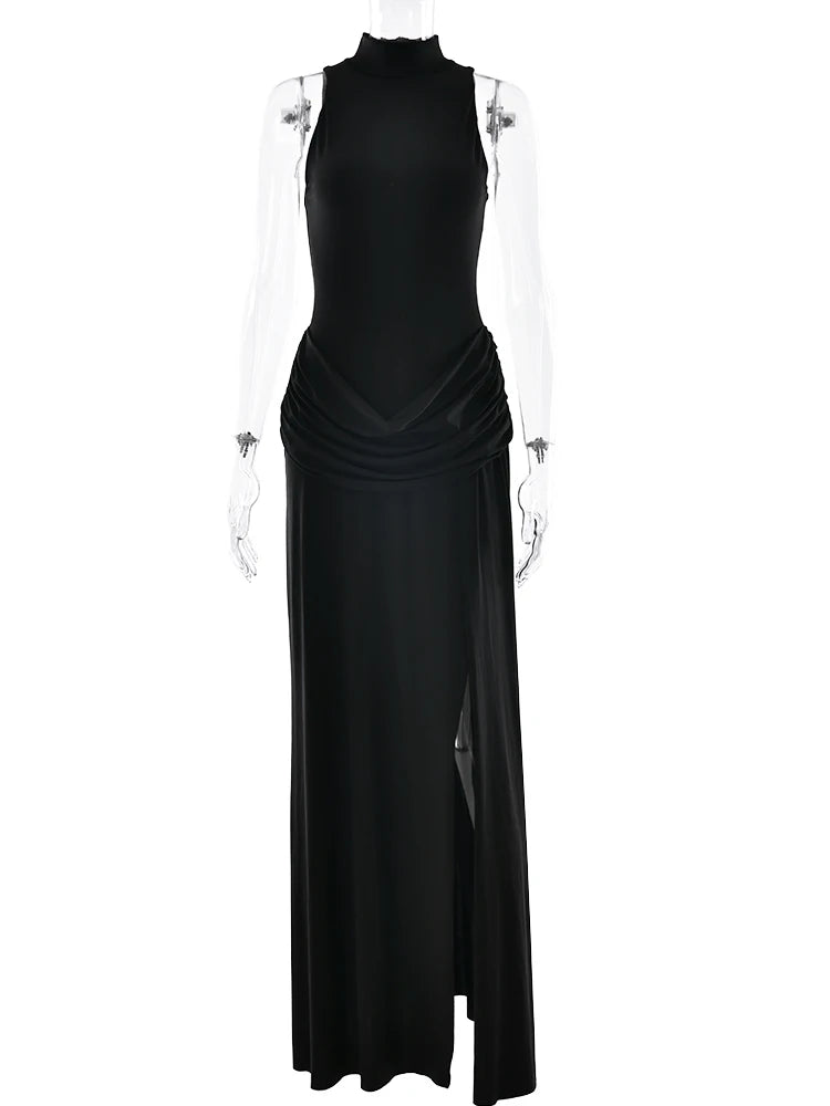 Elegant White Maxi Dress With High Slit And Turtleneck