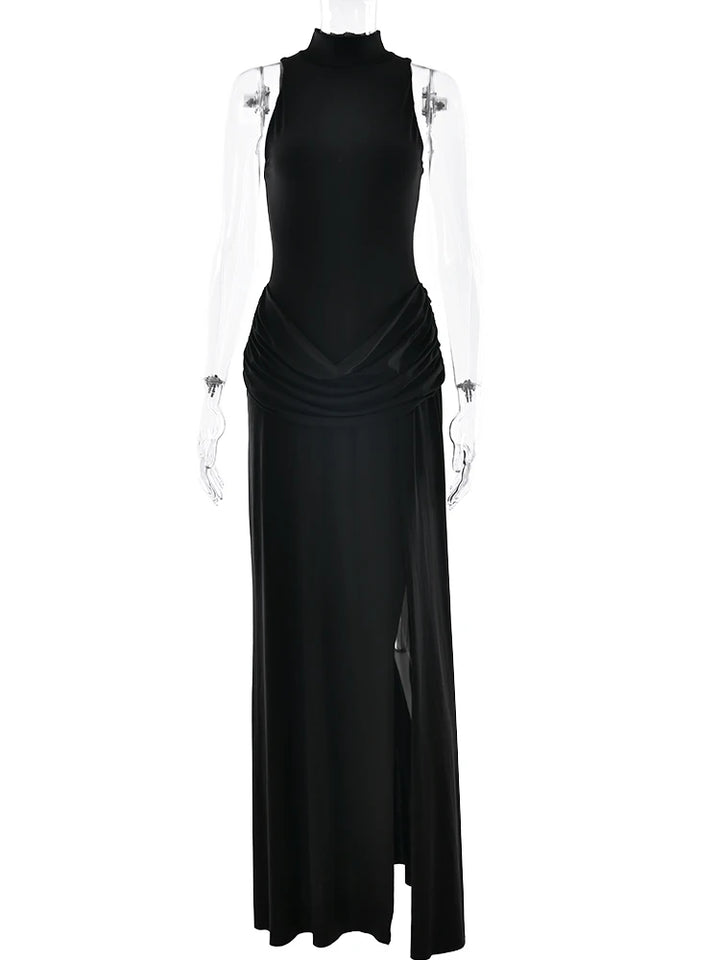 Elegant White Maxi Dress With High Slit And Turtleneck