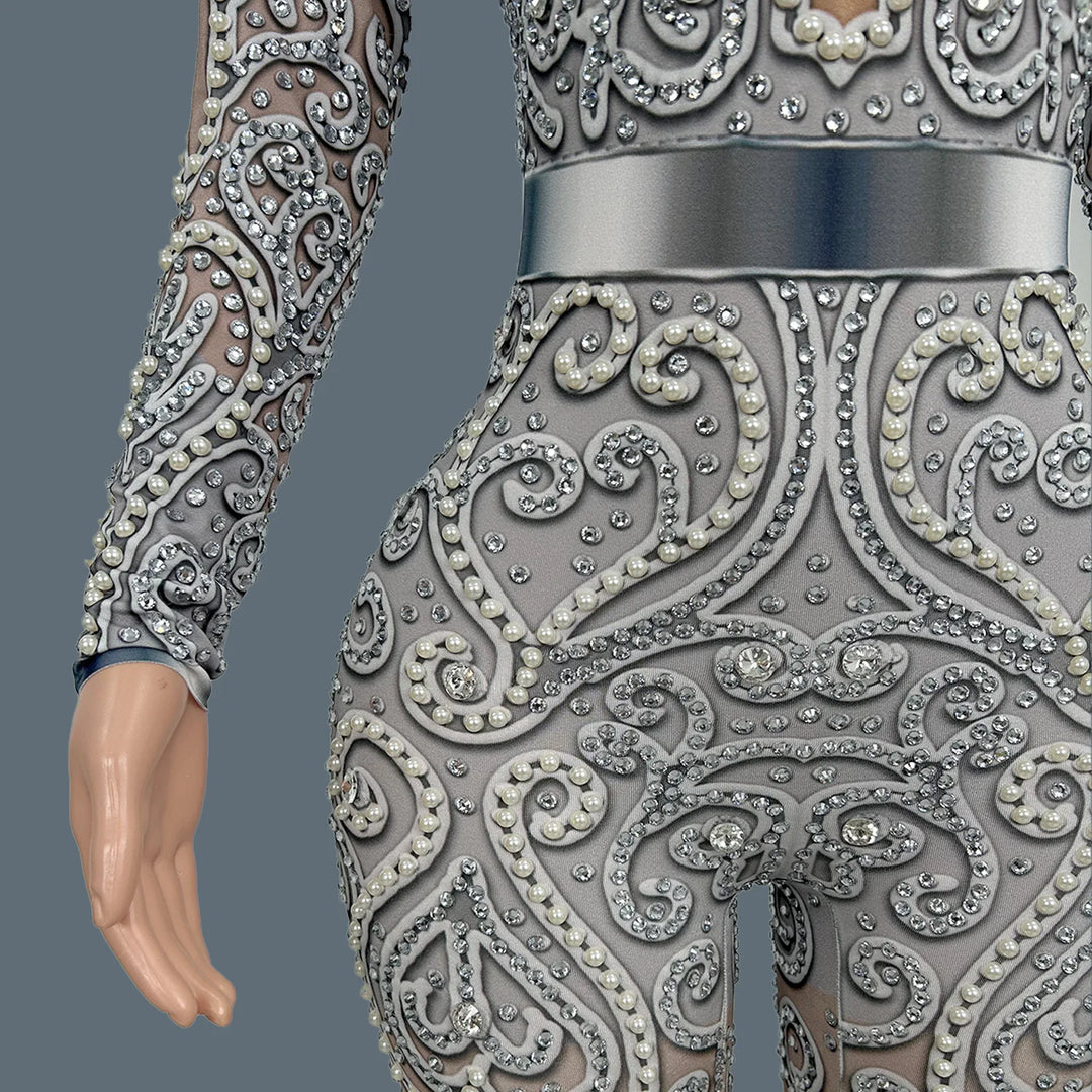 Women Sparkly Rhinestone Pearls Spandex Jumpsuit Nightclub Party Stage Performance Bodycon Wear Sexy Printing Jumpsuit Quanquan