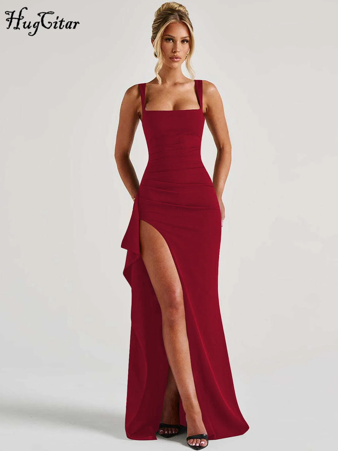 Hugcitar Women Elegant Straps Maxi Dress Slit