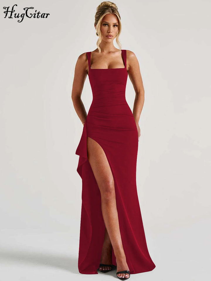 Hugcitar Women Elegant Straps Maxi Dress Slit