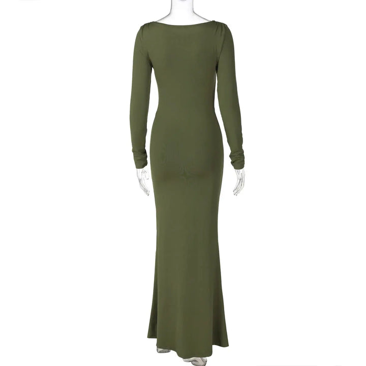 Hugcitar Autumn Solid Long Sleeve Draped Sexy Bodycon Maxi Prom Dress Women Fashion Y2K Outfits Evening Party Festival Club
