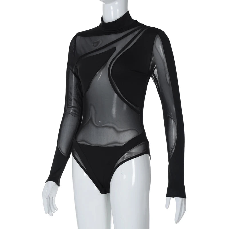 Hugcitar Black Turtleneck Sheer Bodysuit For Women