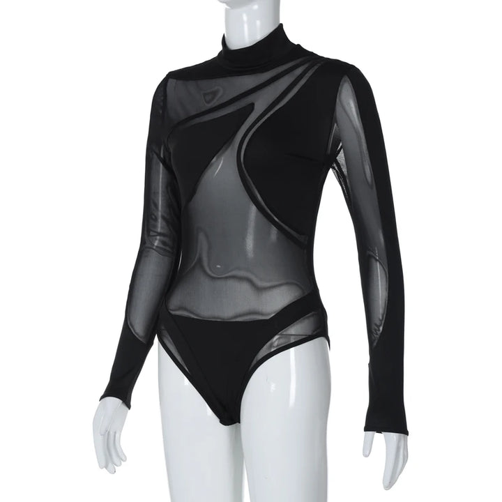 Hugcitar Black Turtleneck Sheer Bodysuit For Women