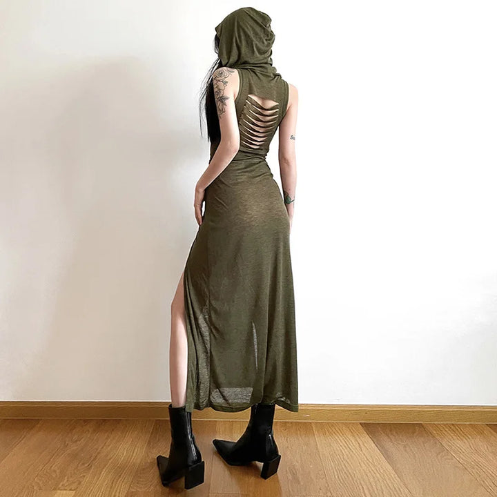 Sexy Sleeveless Hooded Long Split Dress For Summer
