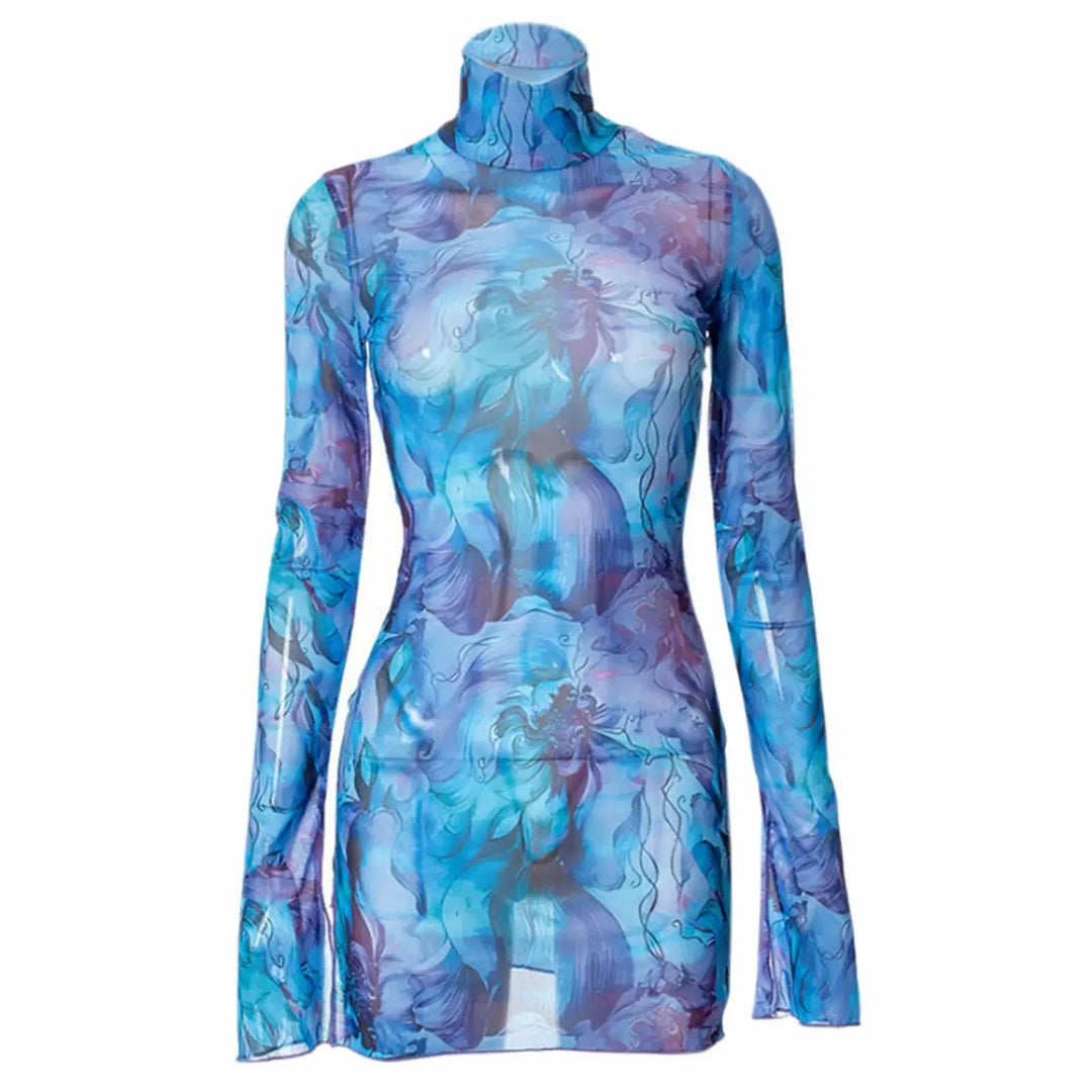 Ladies Mesh Printed Y2k Vintage Dress High Street Slim Elastic Bodycon Party Dress Round Neck Bell Sleeve Side Open Hip Dresses