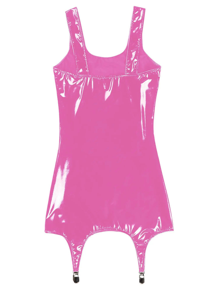 Sexy Women Wetlook Leather Tank Bodycon Dress Latex Sleeveless Mini Dresses Clubwear with Metal Clips Party Club Clothes Femme