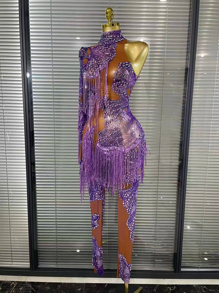 Shining Rhinestones Purple Sexy Tassels Mesh See Through Bodycon Jumpsuit Celebrate Nightclub Party Birthday Photoshoot Wear