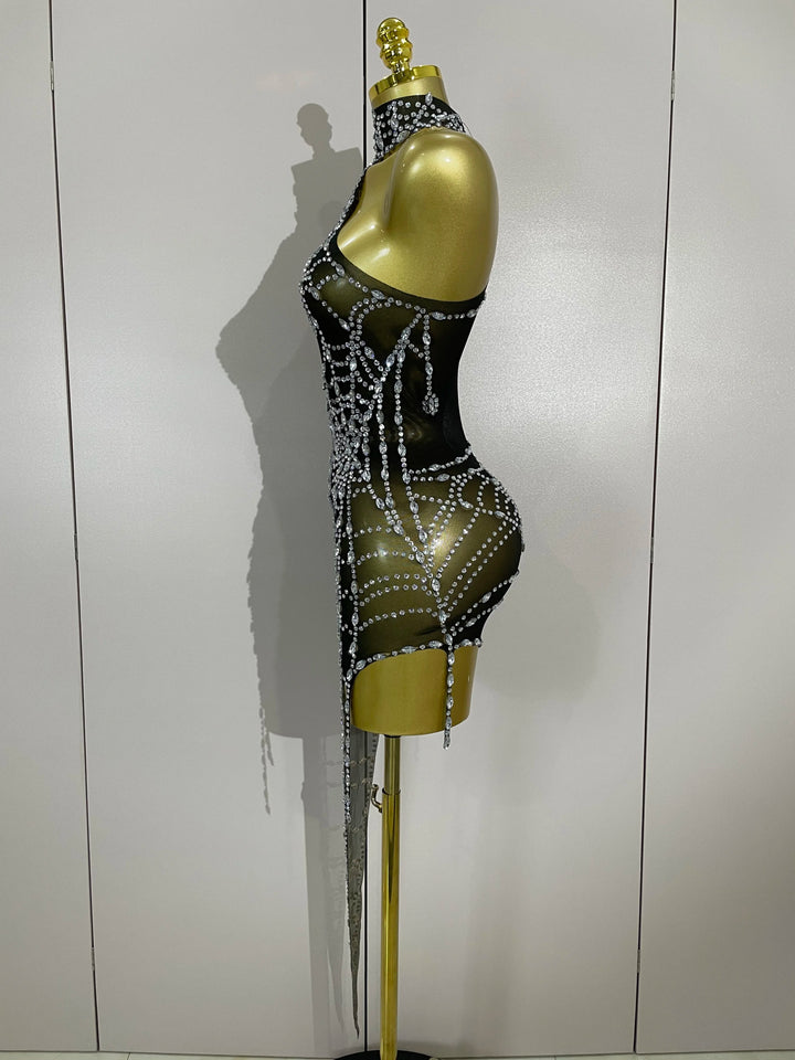 Sparkle Diamond Mesh Bodycon Mini Dress With