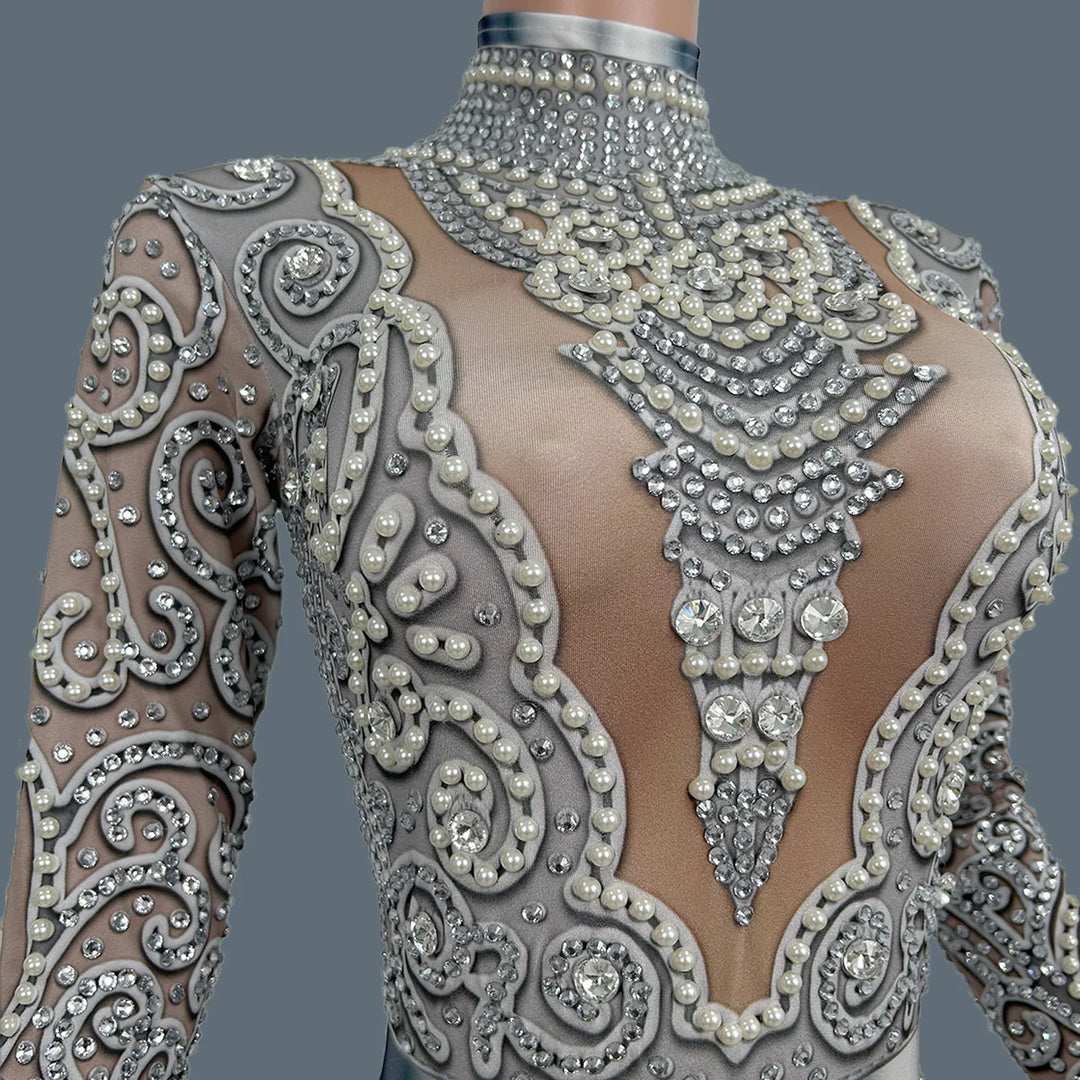Women Sparkly Rhinestone Pearls Spandex Jumpsuit Nightclub Party Stage Performance Bodycon Wear Sexy Printing Jumpsuit Quanquan