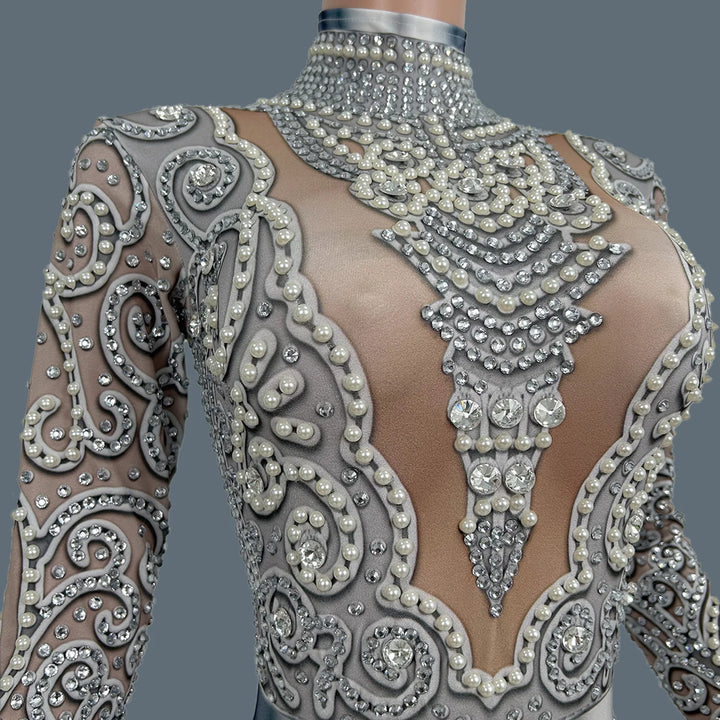 Women Sparkly Rhinestone Pearls Spandex Jumpsuit Nightclub Party Stage Performance Bodycon Wear Sexy Printing Jumpsuit Quanquan