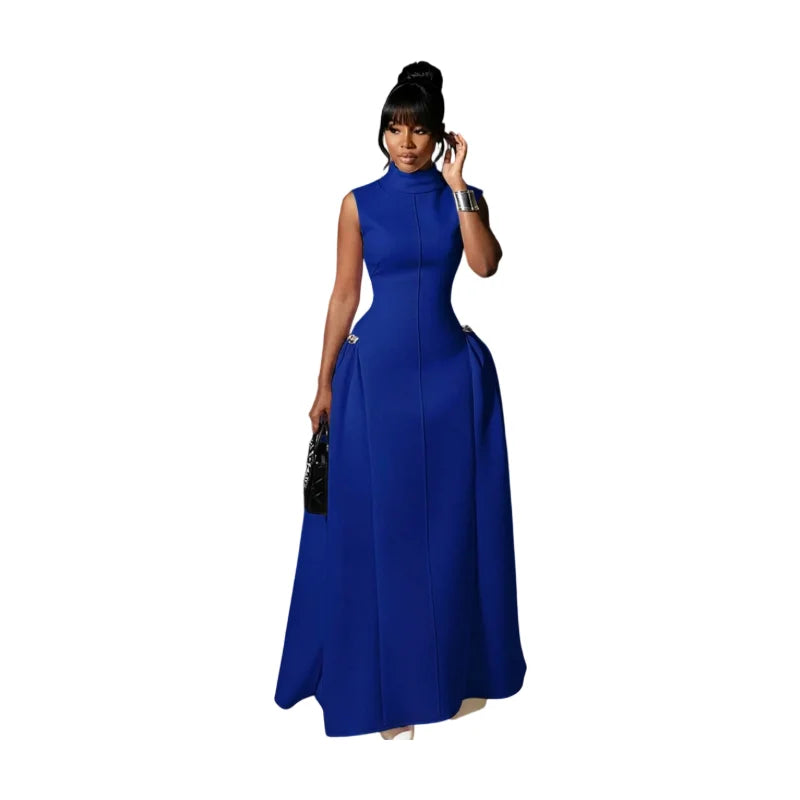Elegant Women High Neck Sleeveless Fitted Maxi Dress For Formal Wedding Gal