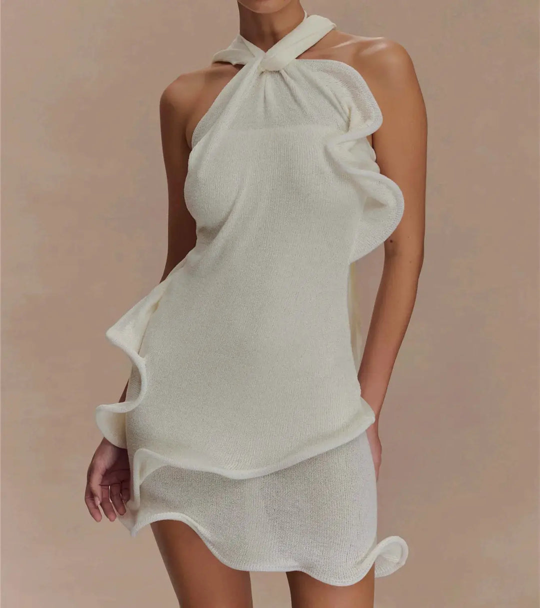 hirigin Women Knitted Halter Mini Dress Sleeveless Crochet Ruffle Edge Bodycon Short Dresses Y2k Sexy Beach Coverup Sundres