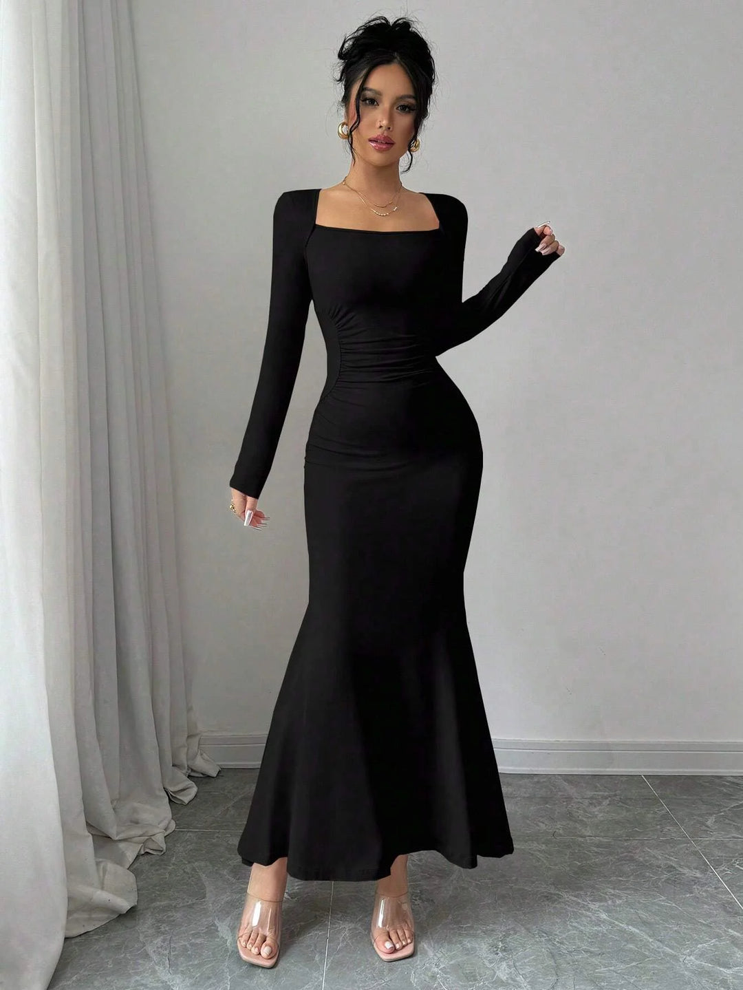 Elegant Retro Square Collar Long Sleeve Dress For Women