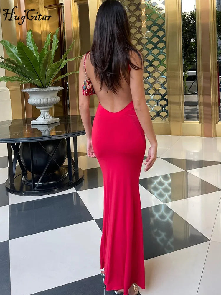 Y2K Solid Sleeveless Backless Bodycon Maxi Dress