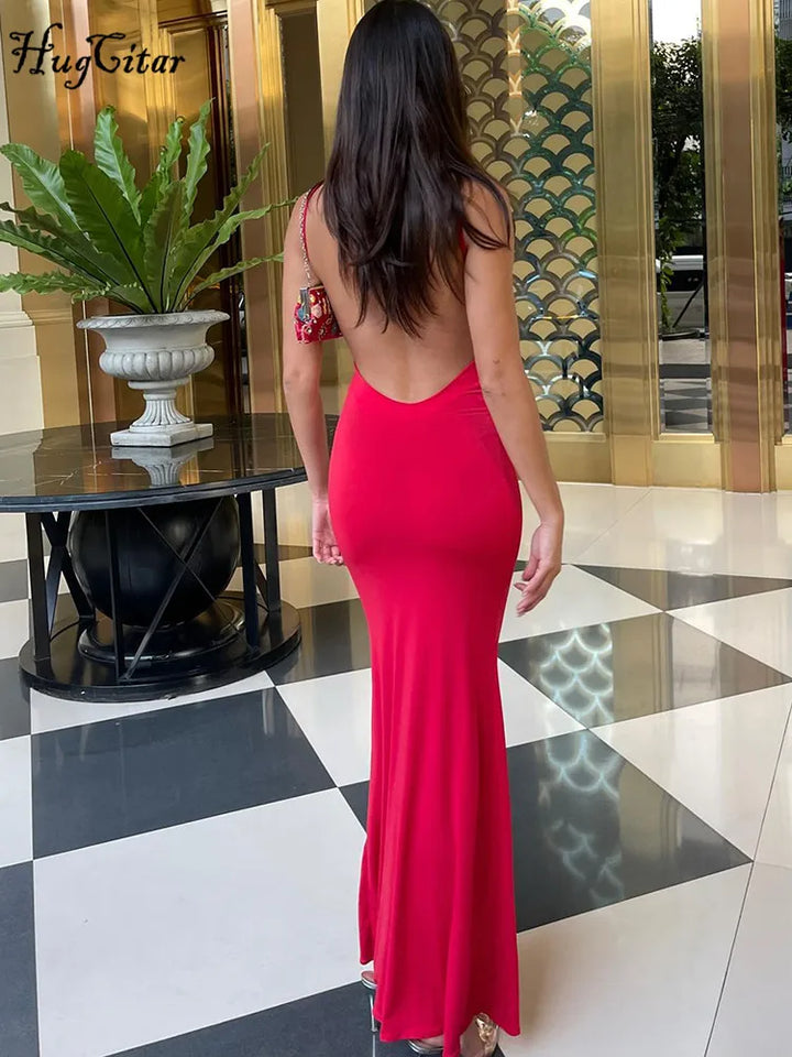 Y2K Solid Sleeveless Backless Bodycon Maxi Dress