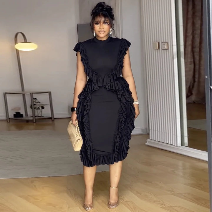 Elegant Women Summer Ruffles Bodycon Midi Dress