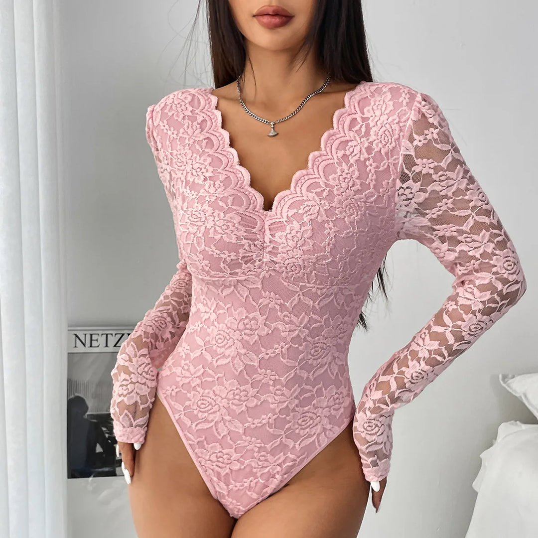 Sexy White Lace Bodysuit Sheer Corset Long Sleeve Slim Fit