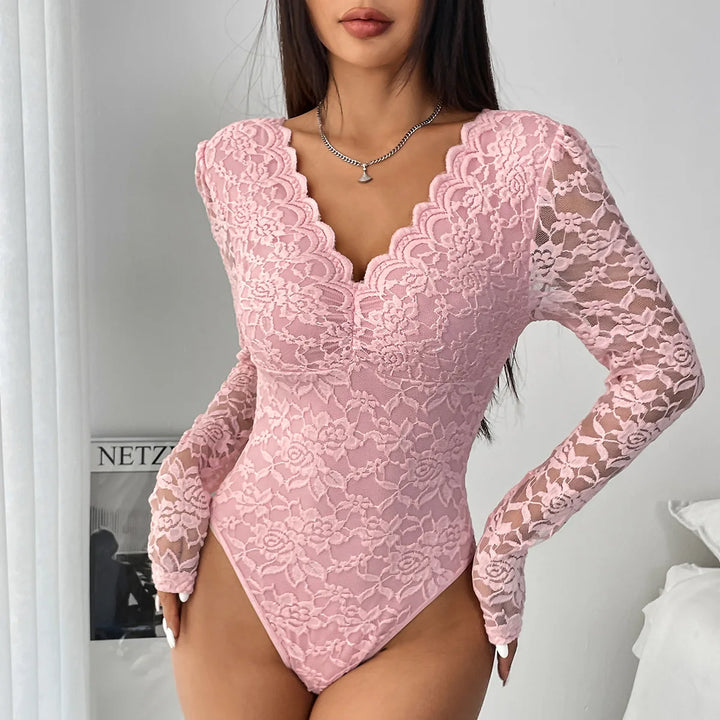 Sexy White Lace Bodysuit Sheer Corset Long Sleeve Slim Fit