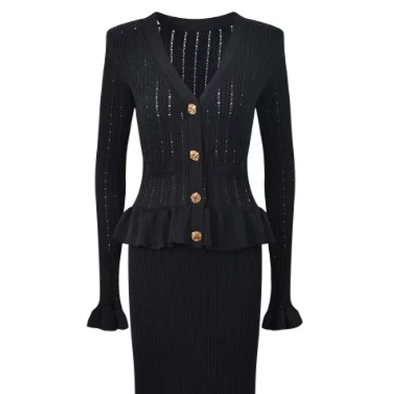 YuooMuoo Knit Maxi Dress V Neck Ruffles Slim Waist