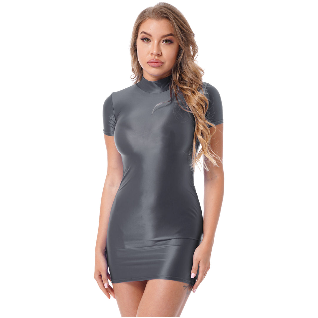 Signature Glossy Mock Neck Mini Dress For Tropical