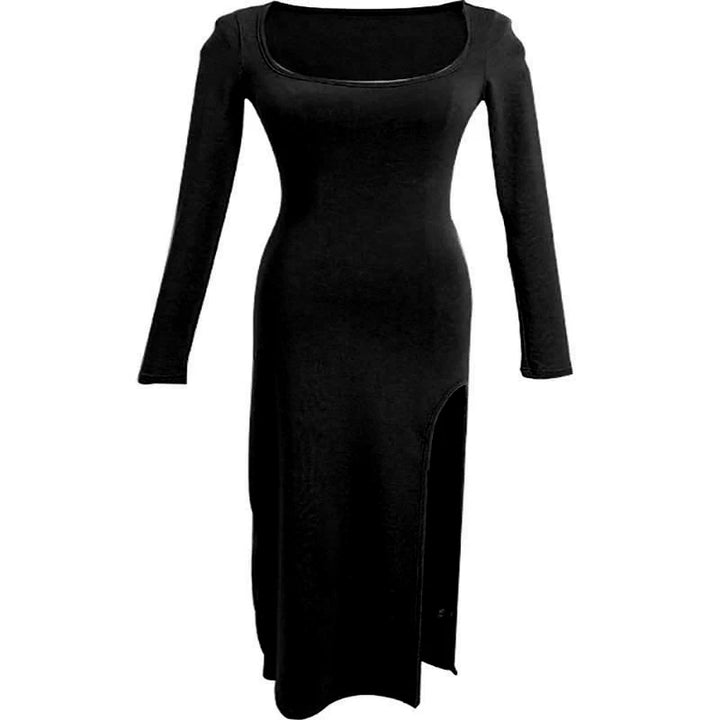 Women Black Side Slit Bodycon Dress Modern