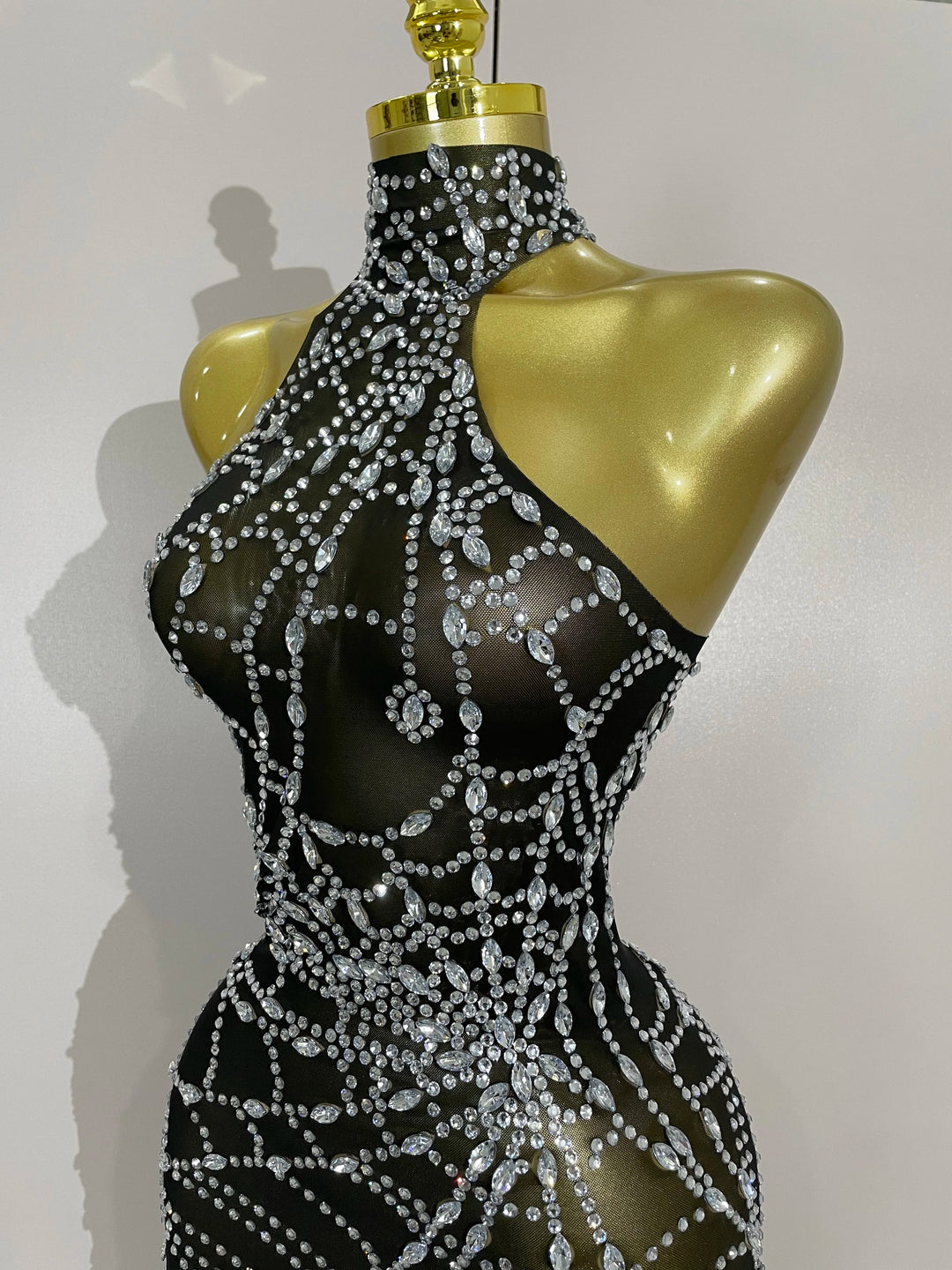 Sparkle Diamond Mesh Bodycon Mini Dress With