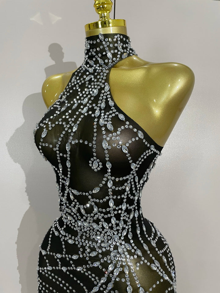 Sparkle Diamond Mesh Bodycon Mini Dress With