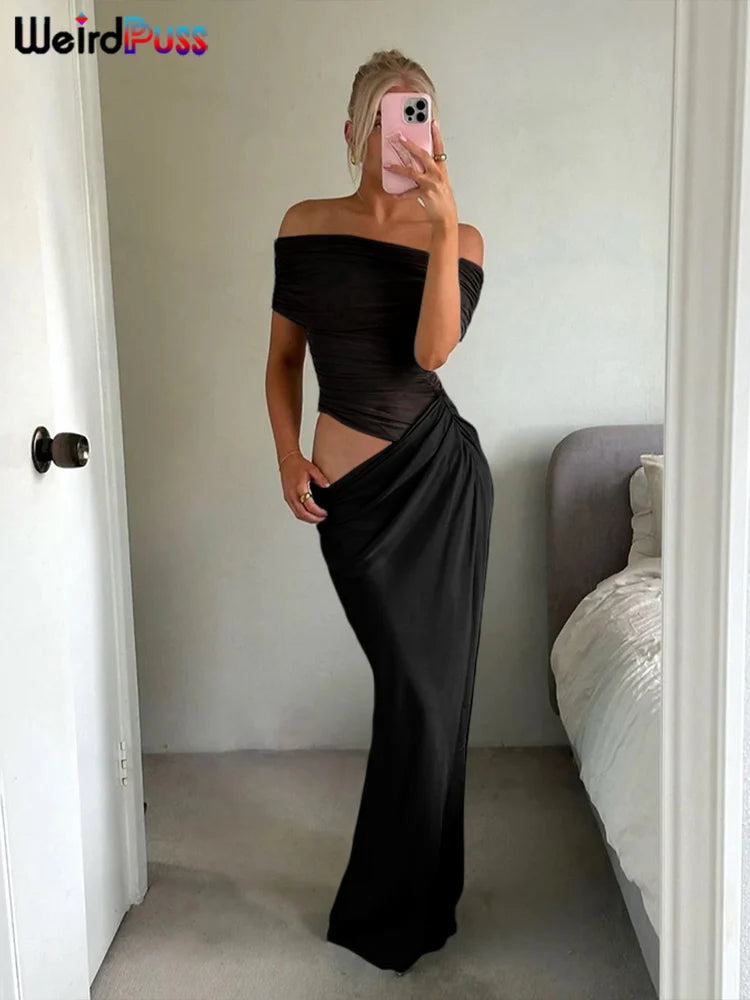 Weird Puss Ruched Mesh Patchwork Slash Neck Dress