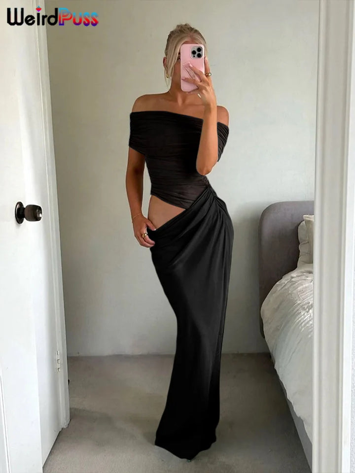 Weird Puss Ruched Mesh Patchwork Slash Neck Dress