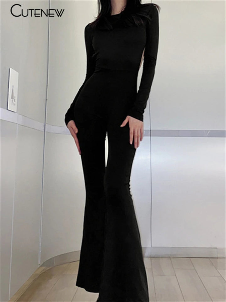 Black Backless Bodycon Jumpsuit For Women Wide Leg