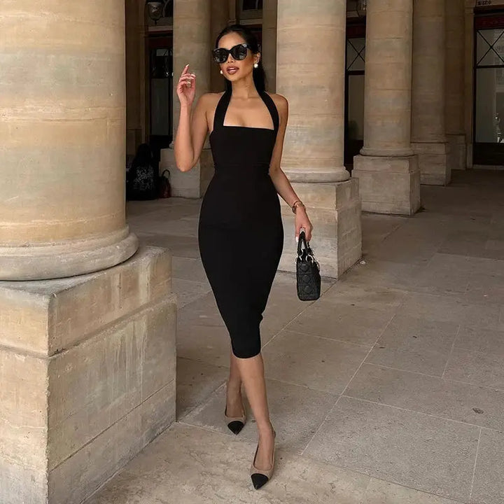 Hugcitar 2025 Elegant Halter Black Backless Sexy Bodycon Maxi Prom Dress Summer Women Y2K Clothes Wedding Birthday Party