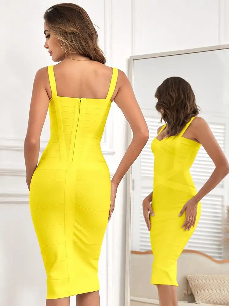 Beaukey Vintage Bandage Midi Dress Yellow Bodycon