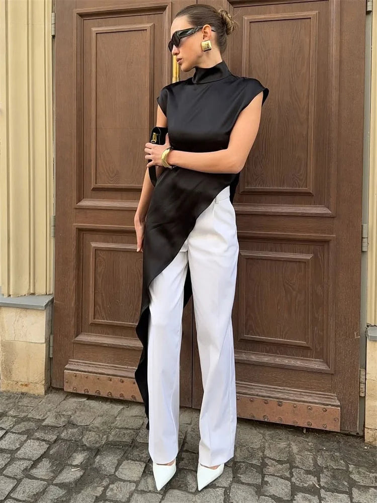 Stylish Satin Turtleneck Sleeveless Maxi Dress For Casual Commute
