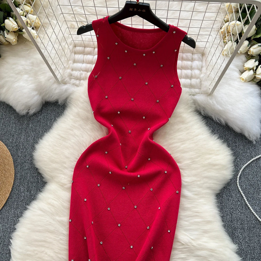 Summer Beaded Knitted Bodycon Sheath Dress