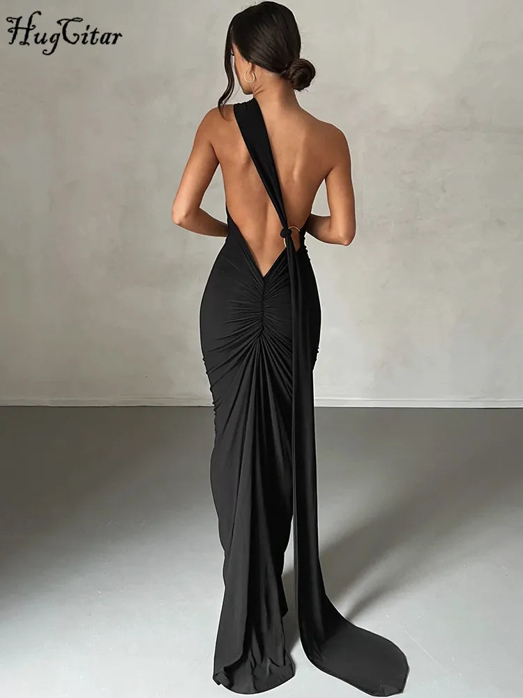 Elegant Y2k One Shoulder Maxi Dress Scarf Backless