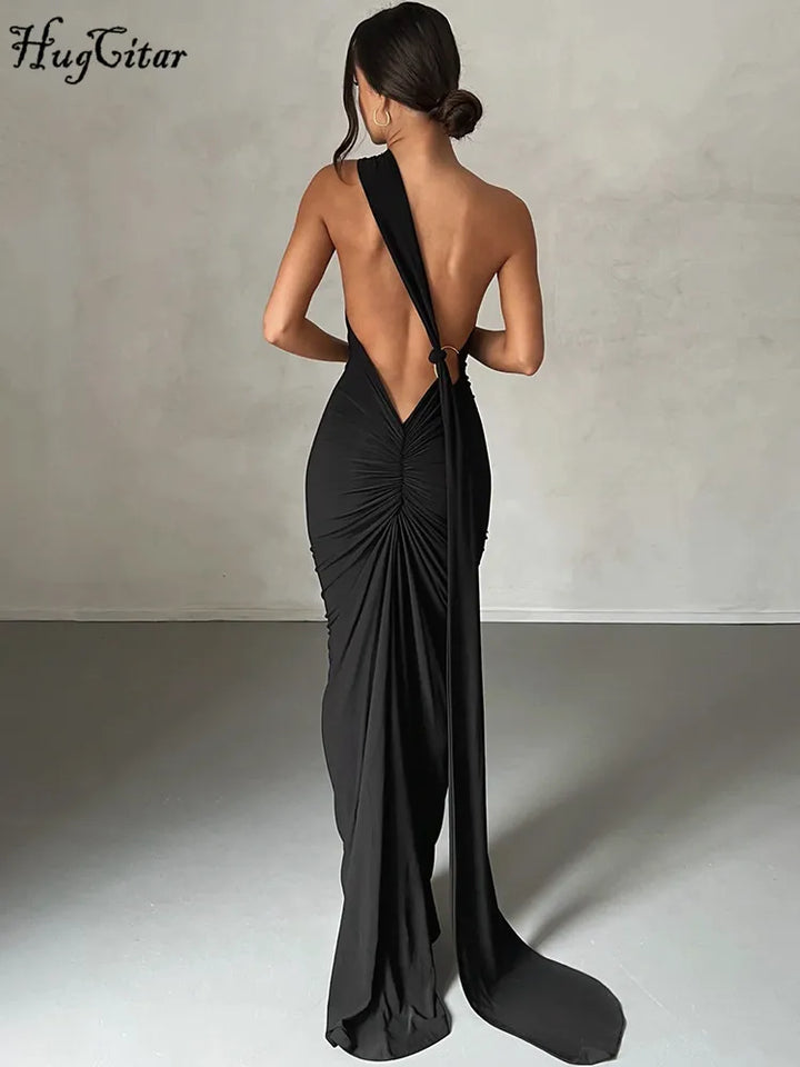 Elegant Y2k One Shoulder Maxi Dress Scarf Backless