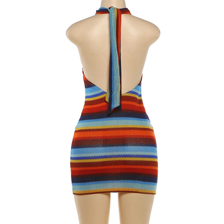 Luxurious Knit Stretch Stripe Halter Dress