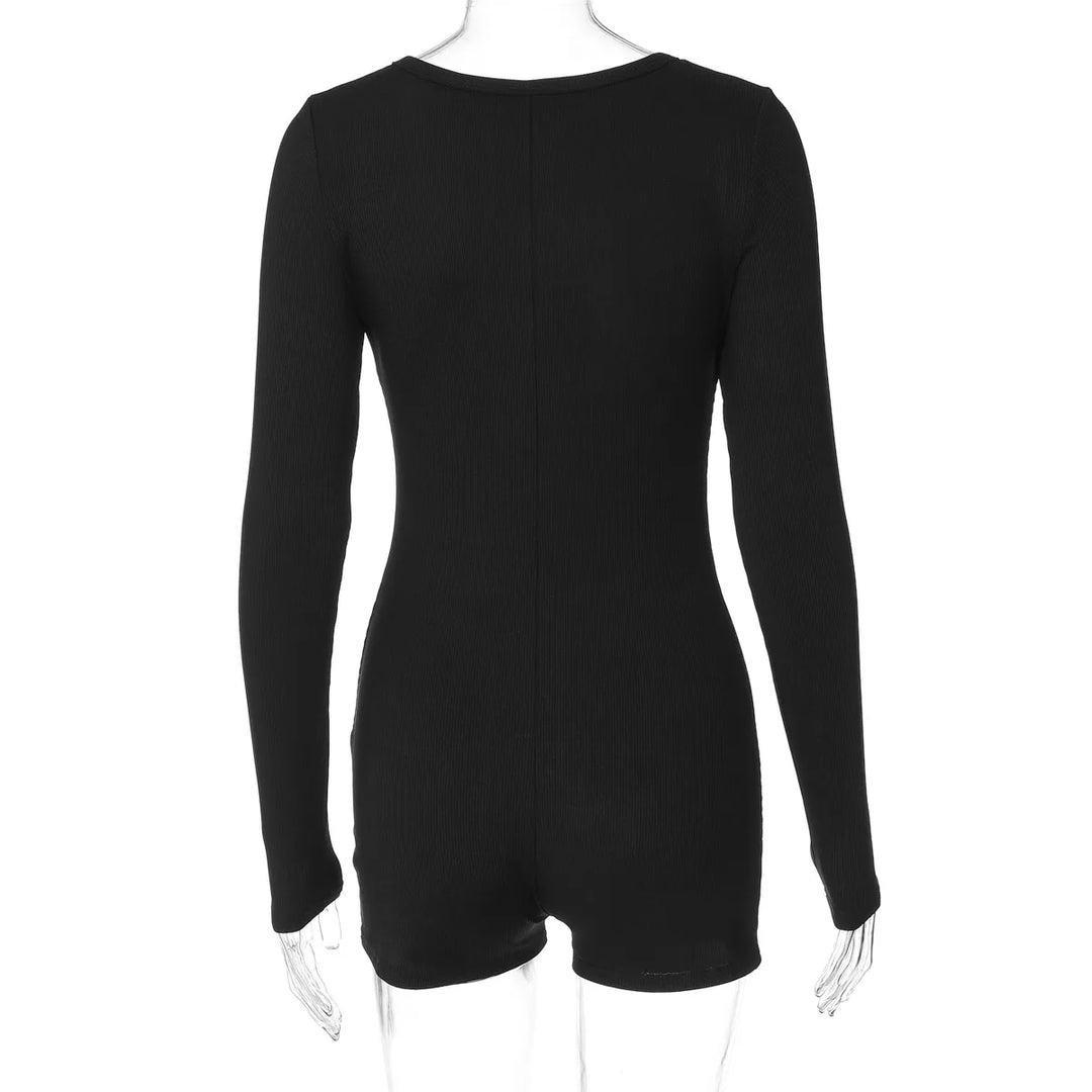 Stylish Ribbed Knit Bodycon Playsuit With Buttons