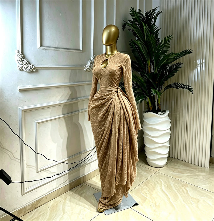 Elegant Women Ruched Long Sleeve Bodycon Maxi