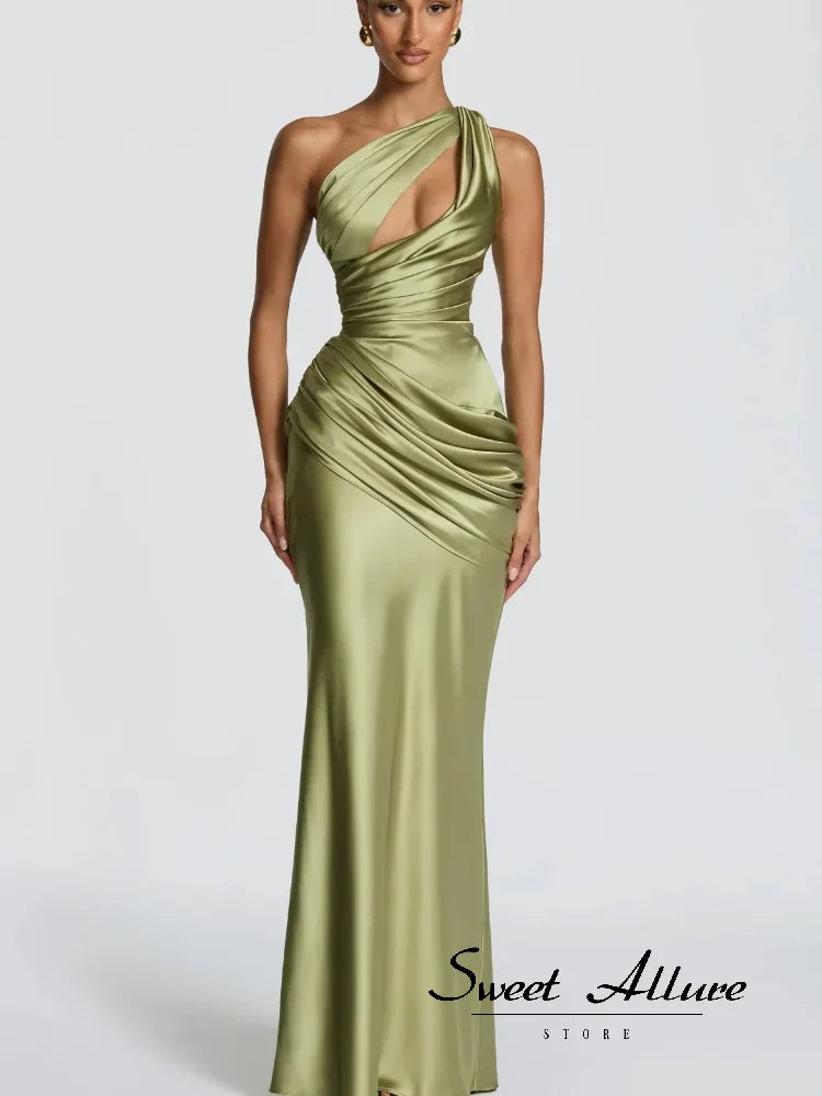 Green Satin Mermaid Dress One Shoulder Cutout