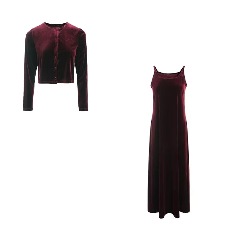 2024 Autumn Women Solid Color New Sleeveless Dress Single-breasted Long-sleeved Cardigan And Long Robes Female Casual Clothes