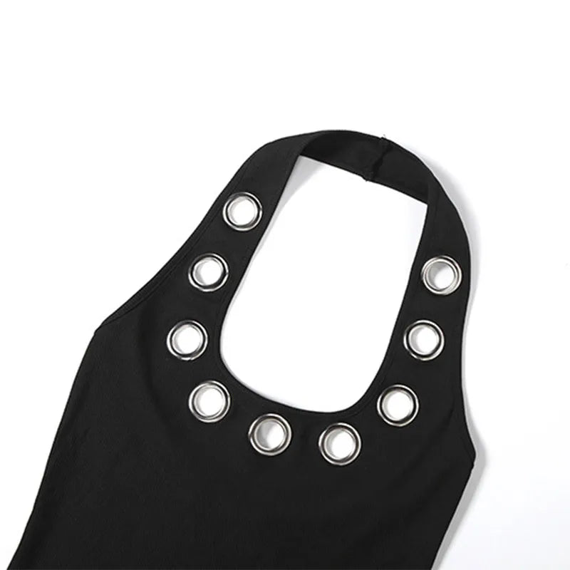 Chin Sweety Metal Ring Halter Mini Dress