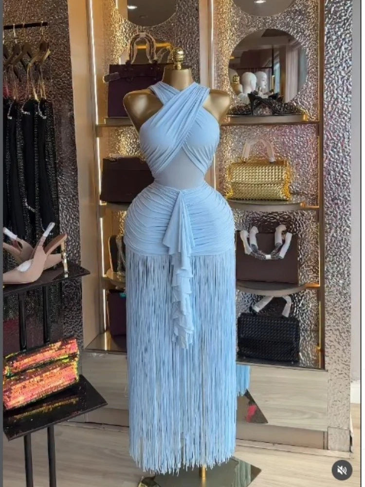 Women Wrap Halter Tassel Patchwork Maxi Dress