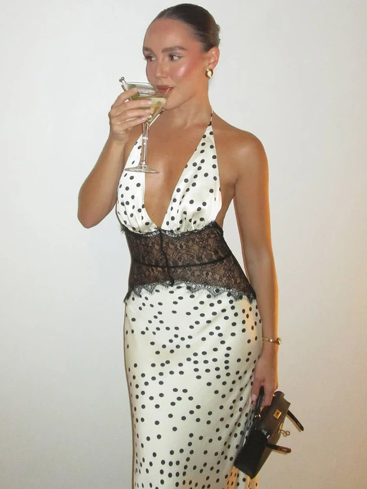 Polka Dot Backless Maxi Dress Women Halter V Neck