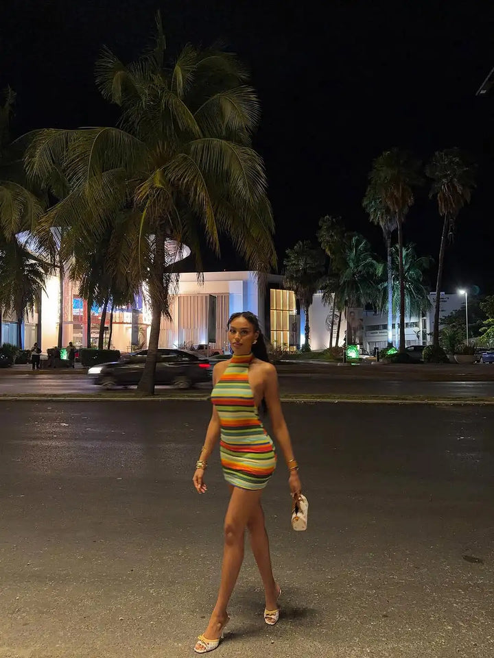 Luxurious Knit Stretch Stripe Halter Dress